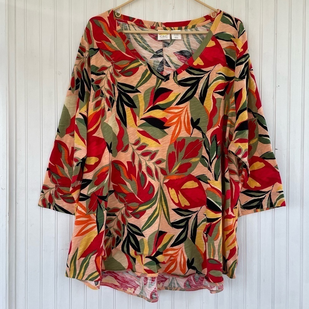 C&C California Tropical Autumn Lightweight Long Sleeve V neck Tee Size 3X